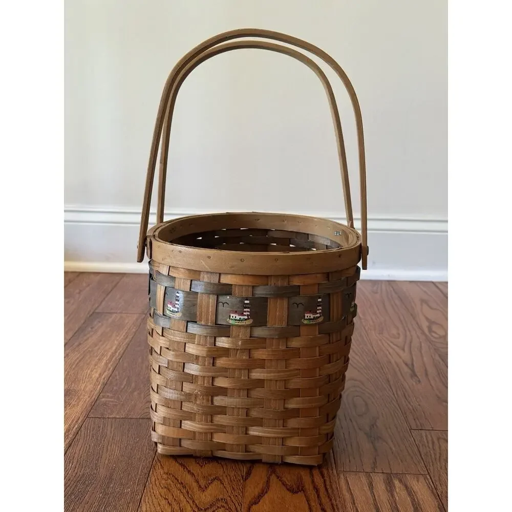 VTG Farmhouse Woven Splint Wood Basket Painted Lighthouses Nautical Coastal